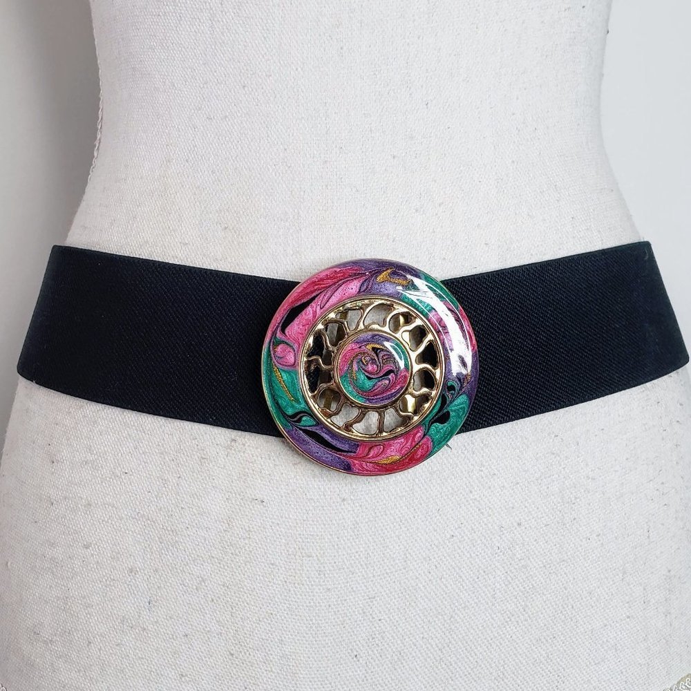 Painted‎ Glazed Round Marbled Gold Buckle Elastic Stretch Belt